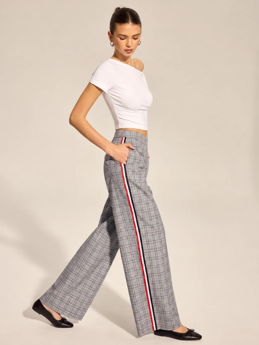 Commense High-Waist Gray Plaid Wide-Leg Pants with Side Stripe XS
